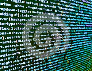 Developing programming and coding technologies. Programming of Internet website. Web server data on a monitor. Developer software