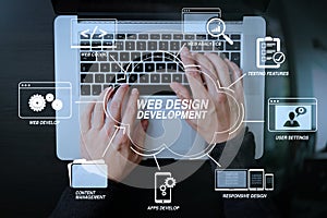 top view of businessman typing keyboard with laptop computer on