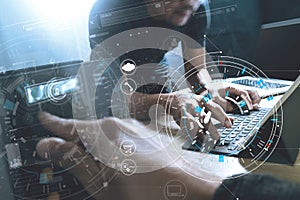 Developing programming and coding technologies. Website Team design. Cyber space content.Big data concept with VR diagram.