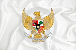 A developing white flag with the coat of arms of Indonesia Garuda Pancasila. Country symbol. Illustration. Original and simple