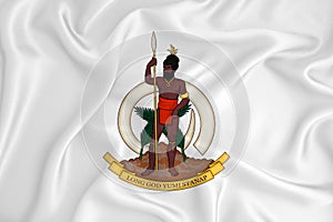 A developing white flag with the coat of arms of Vanuatu. Country symbol. Illustration. Original and simple coat of arms in