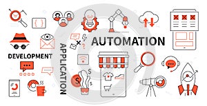 Development, application, automation - line design style icons