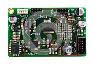 Development board with microcontroller and various electronic components for prototyping