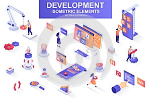 Development company bundle of isometric elements. interface prototyping, back end development, developer programming