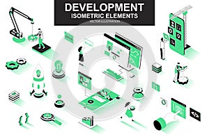 Development company bundle of isometric elements. interface prototyping, back end development, developer programming, project