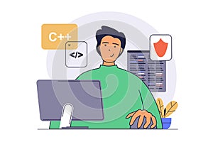 Development concept with cartoon people in flat design for web. Man developer programming and coding apps, using