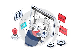 Development 3d isometric concept with isometry people design for web. Man working with programming code at computer