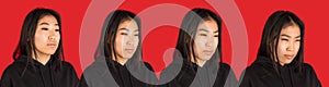 Development of emotions of young Asian girl isolated on red background.