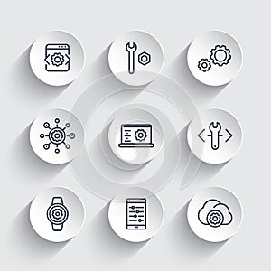 Development, engineering, setting line icons set