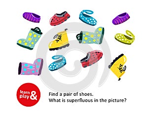 Development game of attention and concentration for children. Find same pair of shoes, identify superfluous shoes. Use photo