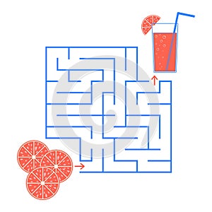 A development game for children is a maze. Citrus themes. Find the way from the grapefruit lobules to the glass with juice