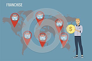 Development of global franchise network. World map with shops. Businessman or investor with profit in hands