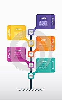 Development and growth of the business. Time line. Business presentation concept of 5 parts, steps or processes. Vertical Timeline