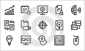 Development line icons. linear set. quality vector line set such as computer mouse, chat box, invention, listing, link, flies, pc