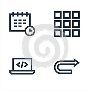 Development line icons. linear set. quality vector line set such as u turn, code, globe grid