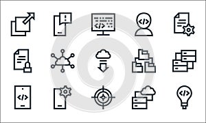 development line icons. linear set. quality vector line set such as invention, target, code, data storage, smartphone, document,