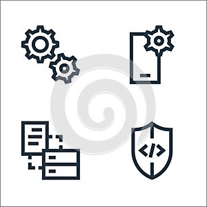 development line icons. linear set. quality vector line set such as shield, database, smartphone