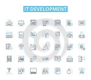 IT development linear icons set. Coding, Programming, Debugging, Testing, Deployment, Integration, Agile line vector and