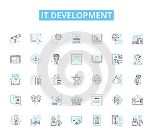 IT development linear icons set. Coding, Programming, Debugging, Testing, Deployment, Integration, Agile line vector and