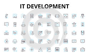 IT development linear icons set. Coding, Programming, Debugging, Testing, Deployment, Integration, Agile vector symbols