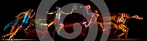 Development of motions of different kinds of sport games. Young men in action isolated over dark background in neon mix