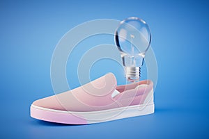 development of new models of shoes. An electric light bulb in a moccasin on a blue background. 3D render