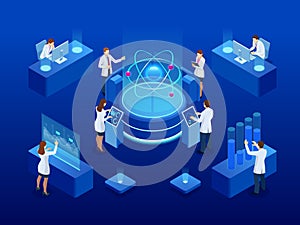 Development of nuclear or atomic technology. Interaction of different studies. Isometric vector illustration