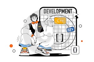 Development outline web modern concept in flat line design. Man creating application ui layout, working with code and testing