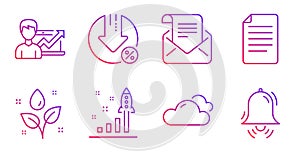 Development plan, Success business and Cloudy weather icons set. File, Plants watering and Loan percent signs. Vector
