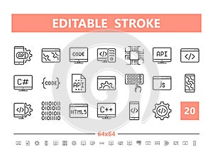 Development and Programming 20 line icons. Vector illustration in line style. Editable Stroke, Pixel Perfect.