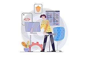 Development and programming concept in modern flat design for web. Man developer creating security system software
