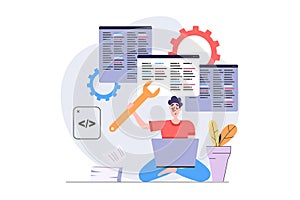 Development and programming concept in modern flat design for web. Programmer working at laptop and creating software