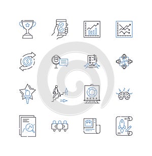 Development progress line icons collection. Milests, Progression, Advancement, Improvements, Growth, Evolvement photo