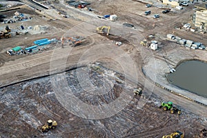 Development of residential housing in US suburbs. Beginning of construction works on prepared ground. Large building photo