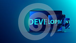 Software Development. Technology programming and coding app. Word development on screen of laptop, tablet, phone.