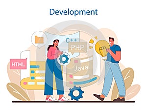 Development stage in IT project management. A dynamic representation of coding and programming.