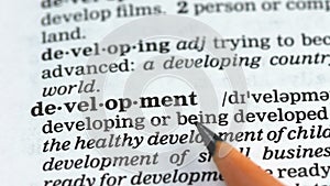 Development word in english dictionary, education and improvement, challenge