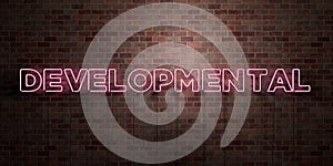 DEVELOPMENTAL - fluorescent Neon tube Sign on brickwork - Front view - 3D rendered royalty free stock picture