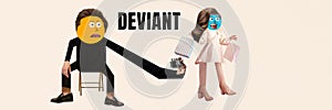 Deviant. Abstract male character taking secretly photo of woman walking with shopping bags. Contemporary surreal artwork