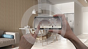 Device with app icons. Interior of minimalist modern living room with kitchen in the background, architecture design