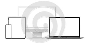 Device blank screen mockup. Realistic pc computer, laptop, tablet, mobile phone mock up. Vector isolated