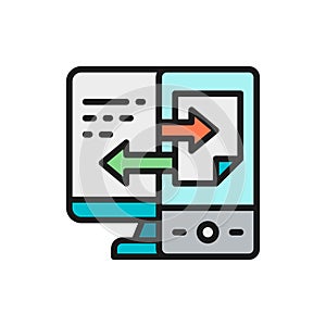 Device data transfer, file synchronization flat color line icon.