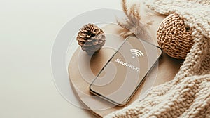 Device displays secure Wifi symbol near soft fabric pinecone shows cybersecurity awareness on wood plate photo