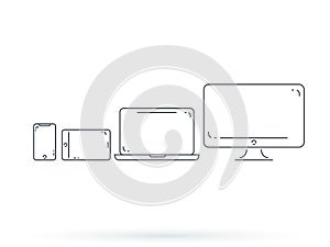 Device and gadget line art set. Laptop, smartphone, modern portable and compact personal computer machines