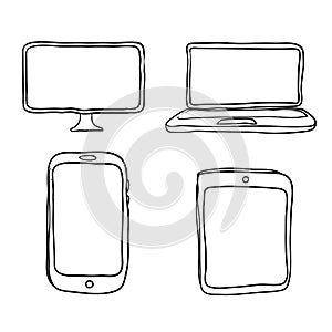 Device icon: Computer, laptop, tablet and smartphone set with handdrawn doodle style