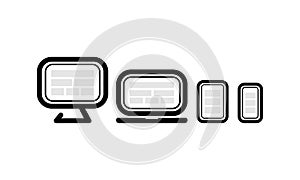 Device icon line set. Laptop, tablet computer, monitor and mobile phone template. Modern electronic gadget isolated on white