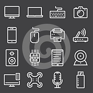 Device Icons. Editable Pack Of Cursor Controller, Web Camera, Watch And Other Elements.
