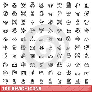 100 device icons set, outline style