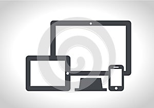 Device Icons: smart phone, tablet and desktop computer. responsive web design.