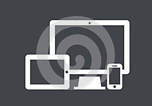 Device Icons: smart phone, tablet and desktop computer. responsive web design.